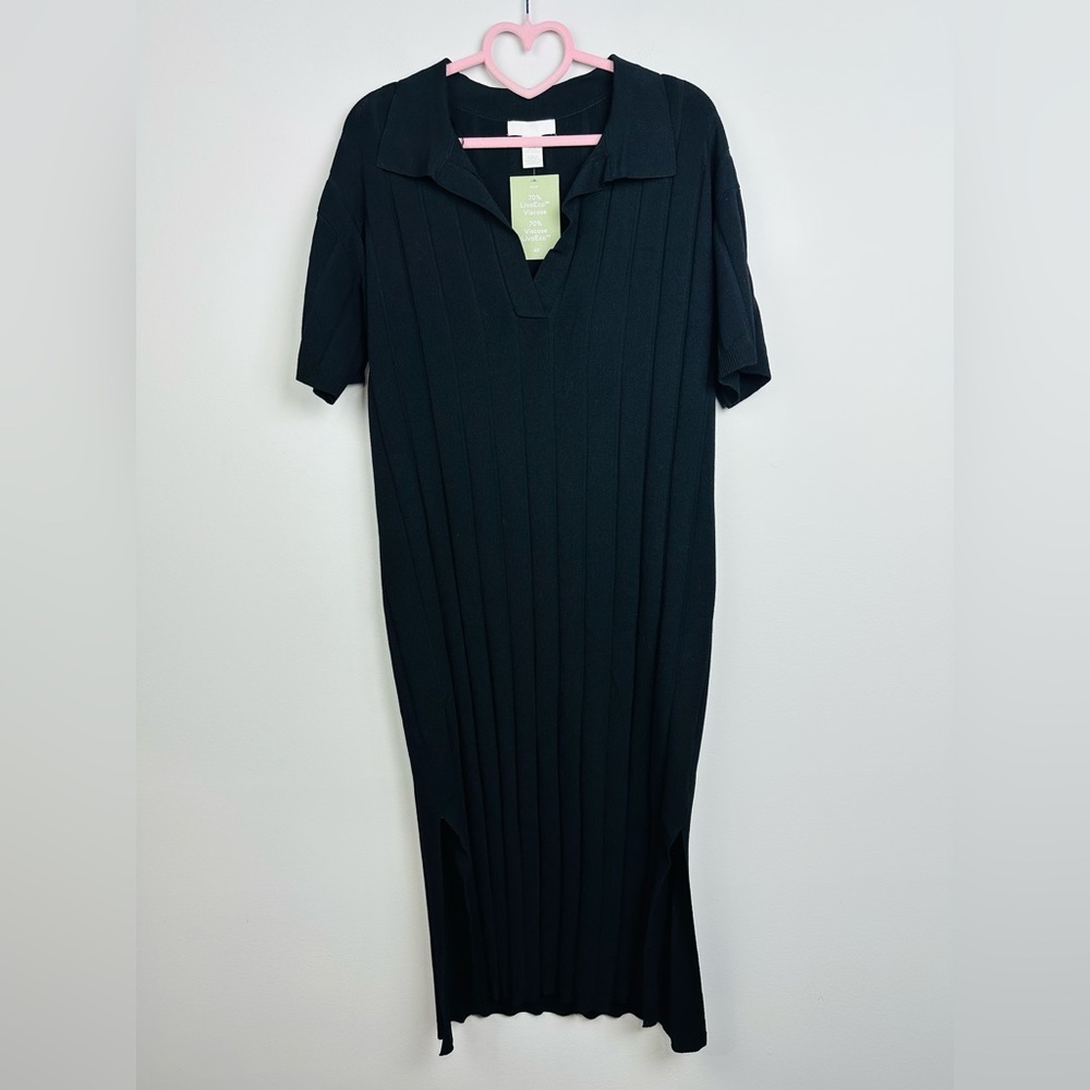 H&M NWT Black Ribbed Knit Collar Maxi Slit Dress Size XS